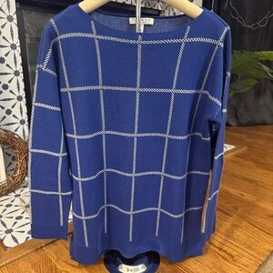 Chaus New York Royal Blue Windowpane‎ Plaid Knit Sweater Boat Neck Medium